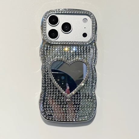 CUTECASE ハート型ミラーリングスタンド iPhone17/17proケース ジュエリーデコ iPhone16/15Pro/14Promaxカバー うねうねライン 高級感 便利CM6201
