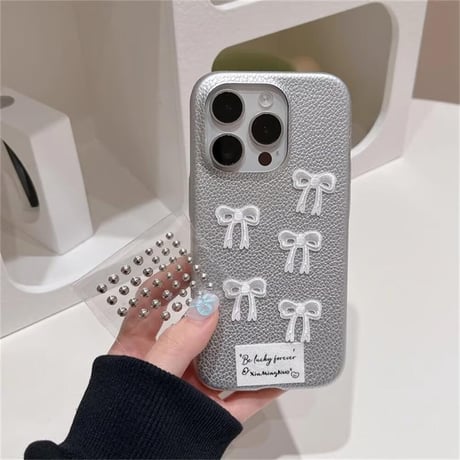 CUTECASEリボン iPhone15/15proケース レザー シルバー iPhone14pro/13pro/12ケース かわいい 高級感たっぷり CM4408