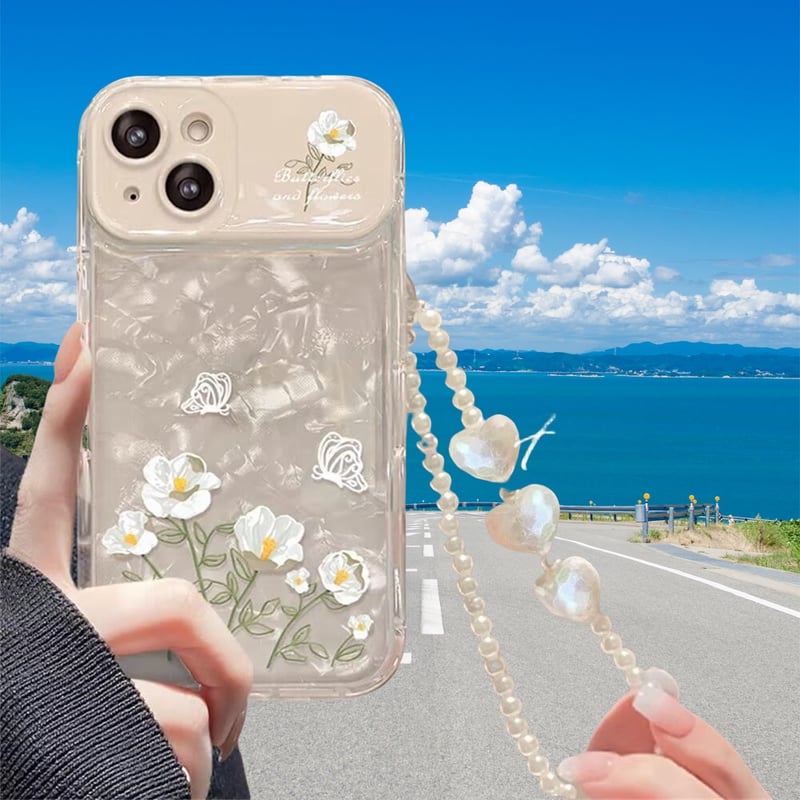 CUTECASE鏡カメラカバー付 iPhone15Pro/16ケース 花柄 ストラップ付き