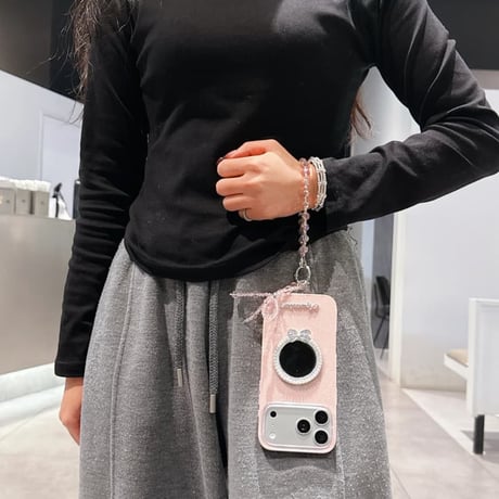 CUTECASE リボン/パールミラー付 iPhone17Pro/17ケース キラキララメいり iPhone16Pro/15/14ケース オシャレ クリスタルストラップ付CM6139