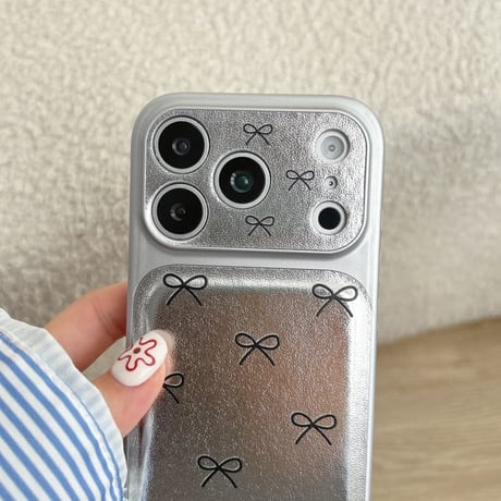 CUTECASE リボン柄 iPhone17pro/17ケース カメラカバー付 シルバー iPhone16/15promax/14ケース ストラップ シックCM6018