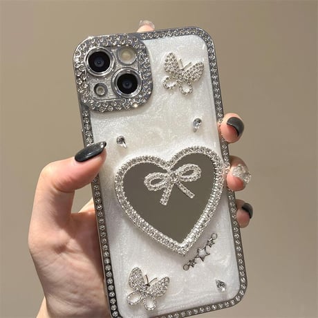 CUTECASE リボンミラー iPhone16pro/16ケース 蝶々 ストーン iPhone15pro/14/13promaxカバー 可愛い 大人ガーリーに人気CM5495
