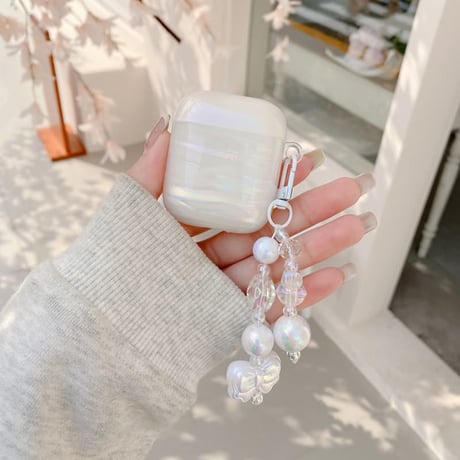CUTECASE キラキラ感シェル柄 Airpods Pro3ケース リボンキーホルダー Airpods 4/3カバー AirpodsPro2/1 大人可愛い きれいCM6312