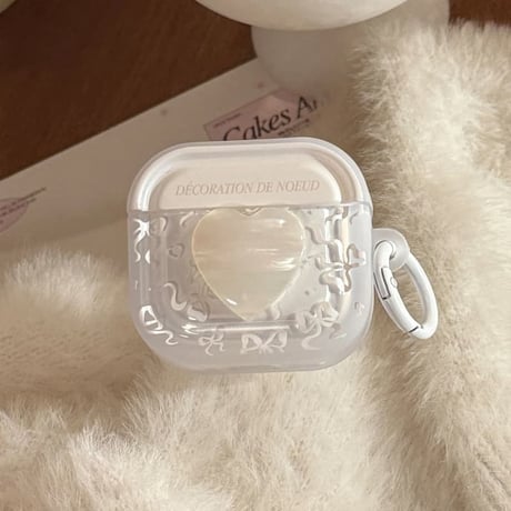 CUTECASE シェル風ハート Airpods Pro3ケース リボン柄 Airpods 4/3カバーケース AirpodsPro2/1 キラキラ感 オシャレホワイト CM6187