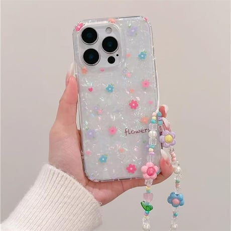 CUTECASE春におすすめ iPhone16pro/16ケース 花柄 シェル風 iphone15pro/14/13proカバー 花ストラップ 可愛い 淡色系CM5130
