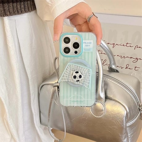 CUTECASE磁気二重層グリーンストライプフットボールネットブラケットiphone16PromaxケースiPhone16case C6031