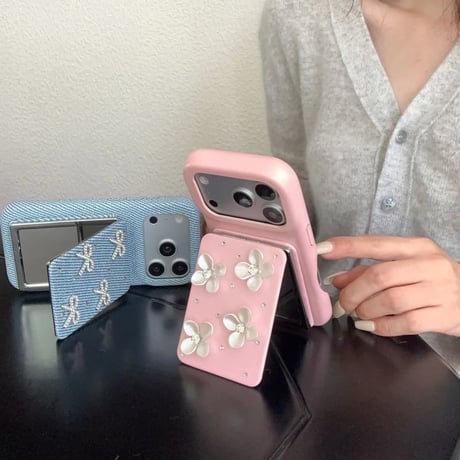 CUTECASE スタンド付ミラー iPhone17/17Proケース リボン/花デコ レザー iPhone17ProMax/16/15/14カバー 高品質 頑丈 上品 オシャレCM6229