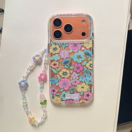 CUTECASE カラー花 iPhone17pro/17ケース キラキラ感 iPhone16promax/15proケース 花ストラップ 女子力高いCM6214