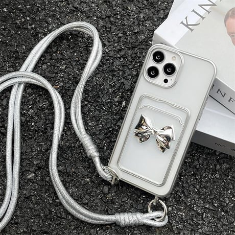CUTECASE リボンカード入れ iPhone15pro/15promaxケース 短い/長いストラップ付 iPhone14pro/13/12カバー メッキ 便利 CM4387