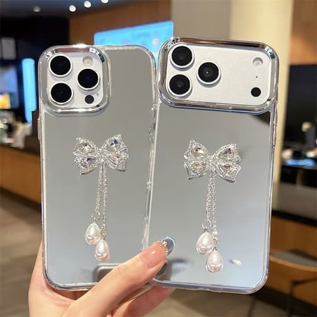 CUTECASE ダイヤリボンフリンジ ミラー iPhone17Pro/17eケース オシャレ iPhone16/15pro/SE3/14/13カバー 光沢感 綺麗 CM6468