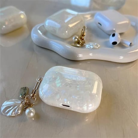 CUTECASEシェル Airpods4 カバー 光沢感 上品 airpodspro2ケース パールストラップ/貝殻アクセサリー付 エアーポッズ3/pro1カバー オシャレ 高級感CM4924