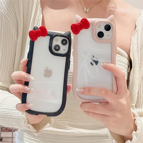 CUTECASE 猫の耳 iPhone15/15proケース リボンデコ iphone14promax/13pro/12カバー 可愛い 黄ばまないCM4301