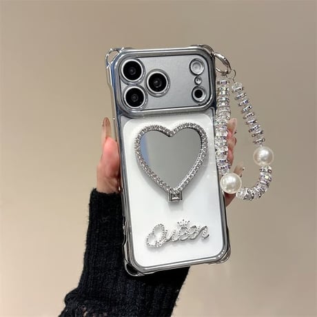 CUTECASEミラーリングスタンド iPhone17Promaxケースチェーン/パールストラップ iPhone16Pro/15promaxケース 可愛い便利 多機能 CM6429