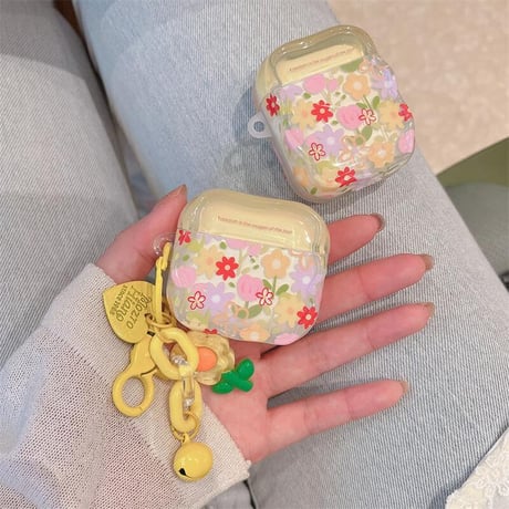 CUTECASEきれい花柄 Airpods4ケース 花キーホルダー付 AirpodsPro2ケース airpods3/2ケース 可愛い ギフトにおすすめCM5598