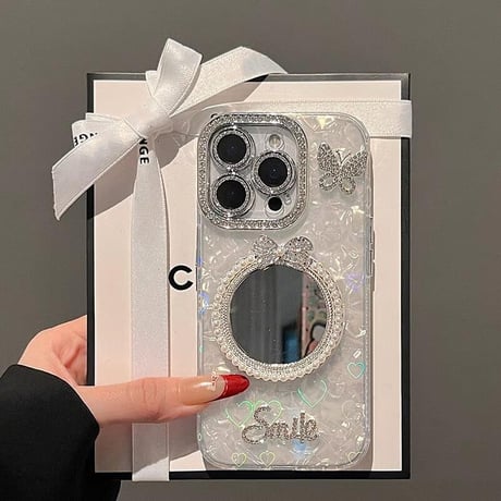 CUTECASEおしゃれ アイフォン16/16proケース ジュエリーリボンミラー 蝶 iPhone15pro/14/13proカバー シェル風 キラキラハートストラップ CM5455