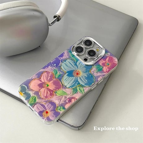 CUTECASE油絵の花 iPhone15Pro/15カバー お洒落ストラップ付 アイフォン14プロ/13/12ケース 光る 女子力アップ CM4555