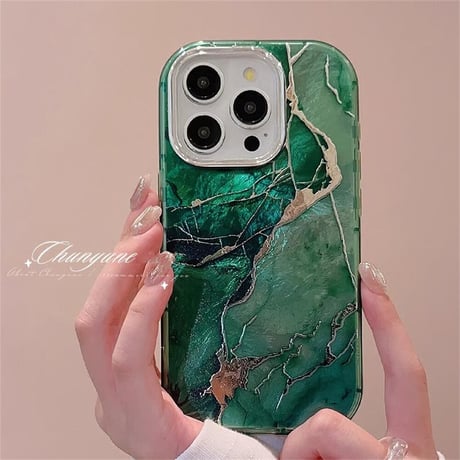 CUTECASE大理石調 iPhone15/16Proケース グリーン/ブラック アイフォン14Pro/13カバー オシャレ シック お揃い CM4607