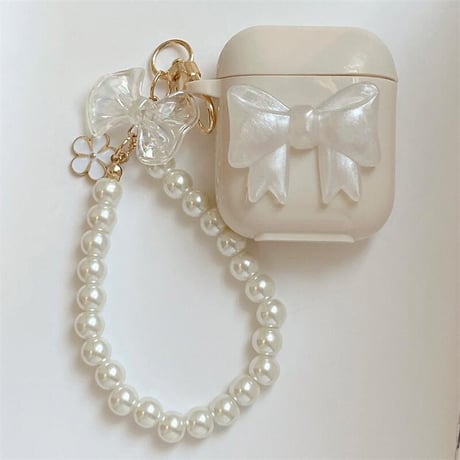 CUTECASE 立体リボン Airpods4ケース パールストラップ付 AirpodsPro2ケース airpods3/2カバー 高級感 淡色系 ベージュ色 CM5287