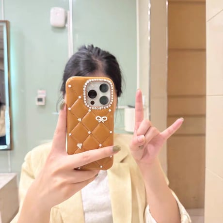 CUTECASEダイヤ/リボンデコ iPhone17ProMax/17Proケース キルティングレザー iPhone17/16Pro/15ケース セレブ愛用 高透明CM5737