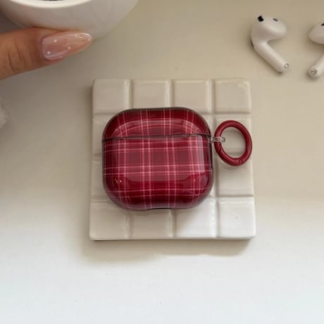 CUTECASE チェック柄 Airpods Pro3ケース レッド Airpods4/3カバー pro2/pro1 リング/ハートキーホルダー 大人可愛いCM6128
