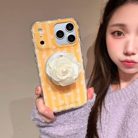 CUTECASEマグネット花グリップ iPhone17Pro/17ケース MagSafe対応 iPhone17ProMax/16/15Proカバー 韓国っぽい エレガント イエロー CM5850