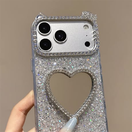 CUTECASEリボンと耳 iPhone17Pro/7ケース ミラーリングスタンド iPhone16ProMax/15/14ケース キラキララメ 便利CM6324
