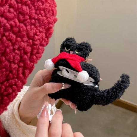 CUTECASE黒猫 Airpods 4 ケース マフラー めっちゃ可愛い AirpodsPro2/Pro1カバー Airpods3/2 ラムウール プレゼントにおすすめCM4775