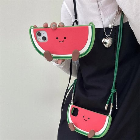 CUTECASEスイカ iPhone16pro/16ケース ショルダーストラップ付 iPhone15pro/14/13promaxカバー スタンド機能 ギフトにおすすめCM5302