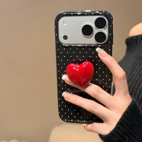 CUTECASE レッドハートスタンド iPhone17Pro/17ケース 水玉模様 iPhone17ProMax/16Pro/15カバー 可愛すぎ CM6038