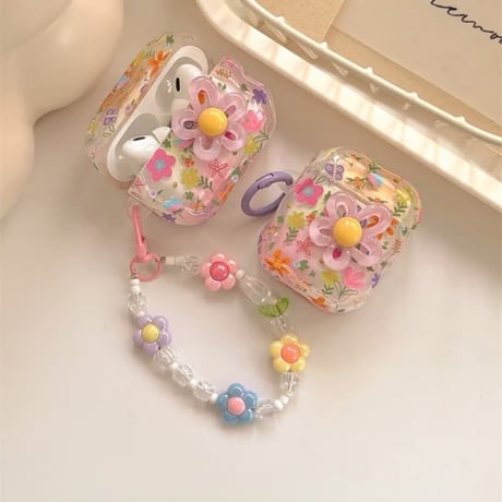 CUTECASE 花柄 Airpods Pro3ケース Flowersストラップ Airpods4/3カバー pro2/pro1 リング うねうね 大人可愛いCM6156