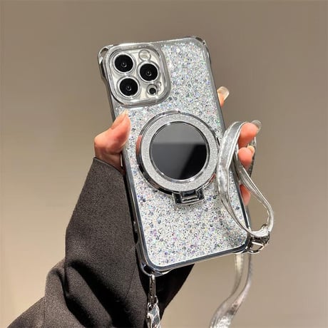 CUTECASE鏡リングスタンド付 iPhone16/16proケース ラメ入り iPhone15pro/14/13カバー バックチャーム/ショルダーストラップ付 CM5394