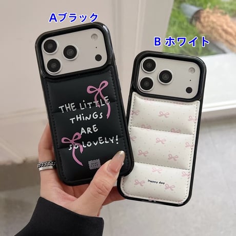 CUTECASE リボン柄ダウンジャケット風 iPhone17Pro/17ケース 上品 頑丈 iPhone16Pro/15カバー 冬に人気 CM5778