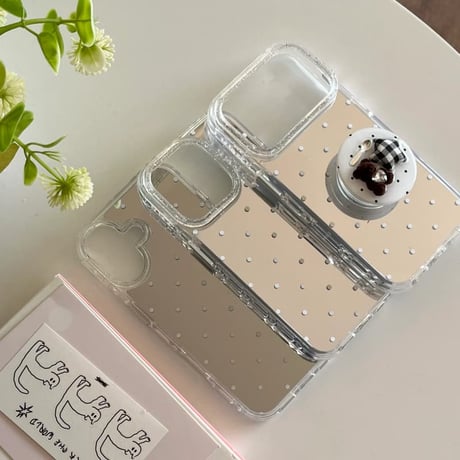 CUTECASE水玉模様ミラー iPhone17pro/17ケース 熊グリップ iPhone16/15promax/14ケース かわいい 多機能便利CM6352