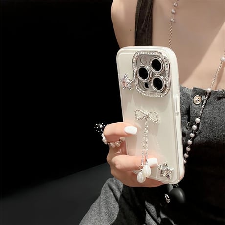 CUTECASEジュエリーリボンフリンジ iPhone16Pro/15/14ケース キラキラレンズカバー iPhone13pro/12カバー ハンドメイド 大人可愛い CM5193
