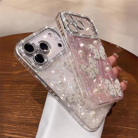 CUTECASE パール蝶 iPhone17Pro/17ケース シェル調 キラキラハート柄 iPhone17promax/17Air/16ケース レンズフイルム付き 大人可愛い CM5695