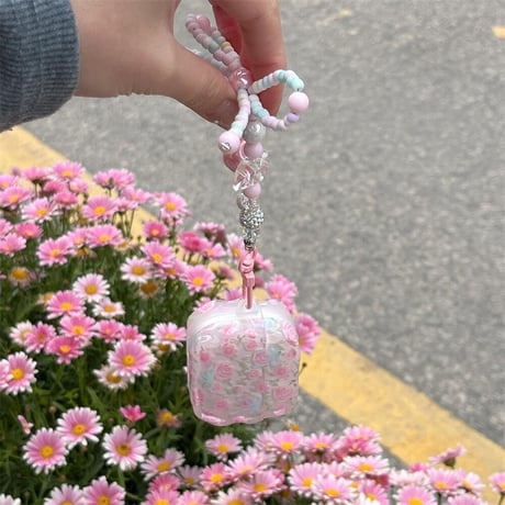 CUTECASEピンク花柄 Airpods 4ケース リボンキーチェーン付 Airpods3/Pro2ケース airpodsproカバー 大人可愛い ガーリーファッション CM5258