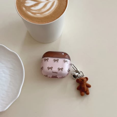 CUTECASE 韓国風 AirpodsPro3ケース リボン柄 エアポッズ4/3 AirpodsPro2/Proカバー リング/熊キーホルダー ギフトにおすすめ CM5810
