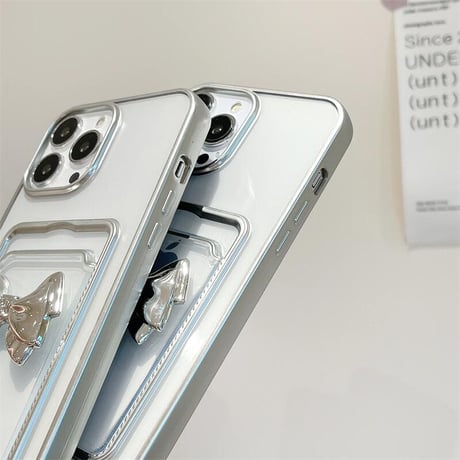 CUTECASE リボンカード入れ iPhone15pro/15promaxケース 短い/長いストラップ付 iPhone14pro/13/12カバー メッキ 便利 CM4387