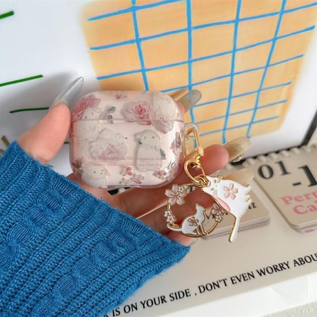 CUTECASE春夏におすすめ Airpods4ケース 花柄/兎 Airpods3/Pro2ケース airpodspro2カバー キーチェーン付 女子力高い ピンクCM5146