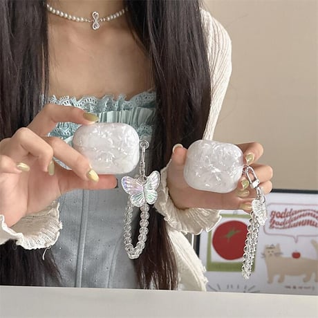CUTECASE シェル柄 Airpods4ケース 蝶ストラップ AirpodsPro2ケース airpods3/2ケース 艶感 高級感 女子力高いCM5462