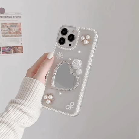 CUTECASE パール 鏡 iPhone15/15pro/15plusケース 可愛い iPhone14pro/13mini/12proカバー きれいめコーデ ギフトに最適 CM4041