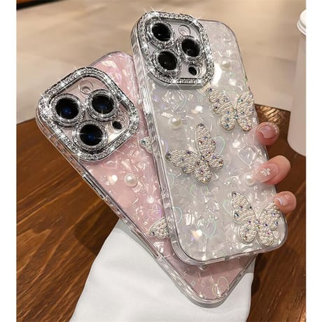 CUTECASE ジュエリー/パールデコ iPhone17/16promaxカバー 蝶々 カメラカバー iPhone15/14/13ケース 綺麗ストラップ キラキラハート入りシェル柄CM5590