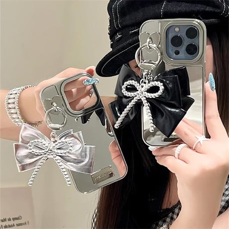 CUTECASEリボンチャーム iPhone16pro/16ケース 鏡 iPhone15/14pro/13promaxカバー 女子力高い おしゃれ シック CM5131