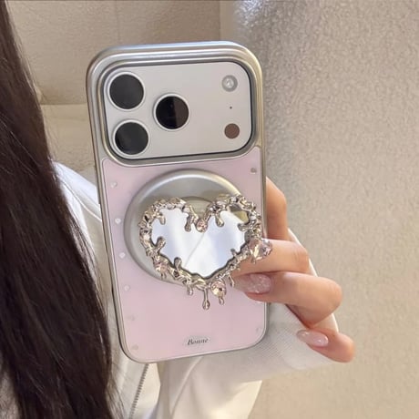 CUTECASE ハート型ミラーグリップ iPhone17Pro/17ケース ワイヤレス充電 ピンク iPhone17ProMax/16Pro/15カバー かわいい 女子力アップ CM6355