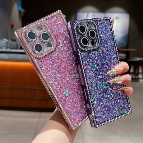 CUTECASEキラキラスクエア iPhone16/16Proケース ジュエリー/ラメ iPhone15promax/14/13Proカバー 四角 おしゃれ カメラ保護CM5468