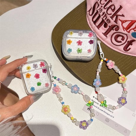 CUTECASE押し花 Airpods４ケース ラメ 花ストラップ付 Airpods3/Pro2ケース airpodsproカバー 大人可愛い ギフトにおすすめCM5165