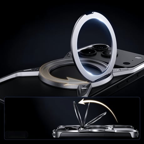 CUTECASE iPhone17Promaxケースアルミ合金フレームレス設計中空放熱支点リング保護ケース360°回転リングホルダー