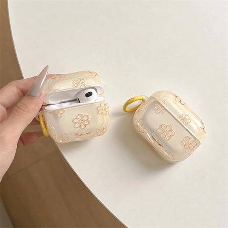 CUTECASE韓国風 Airpods4ケース 笑顔花 AirpodsPro2ケース airpods3/2カバー かわいい リング付 淡色系 CM5328