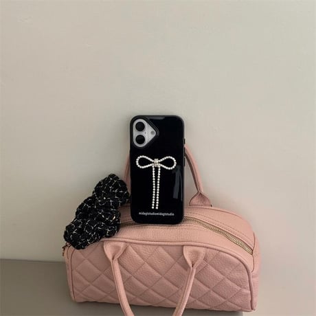 CUTECASEジュエリーリボン iPhone16/16Proケース 高級感 きれいめコーデ iPhone15/14/13/12Proカバー ブラック 女子力高い CM4910