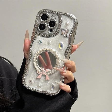 CUTECASE 可愛い鏡付 iPhone16pro/16ケース パール/ジュエリー iPhone15/14pro/13promax/12カバー うねうね おしゃれCM5271